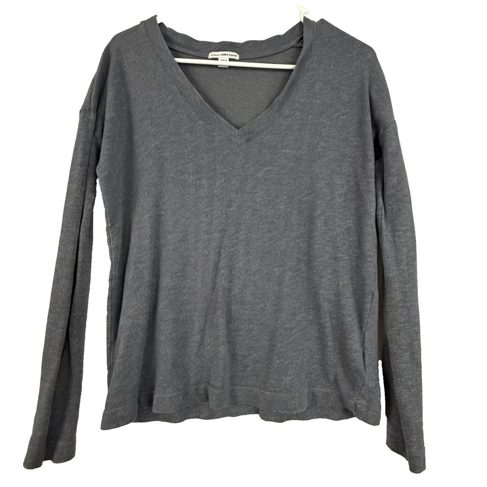 James Perse Pullover Mens 1 Gray V-Neck Long Sleeve Slub Knit French Terry